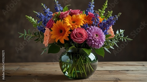 Wallpaper Mural Vibrant mixed flower bouquet in a glass vase on a rustic wooden table. Torontodigital.ca