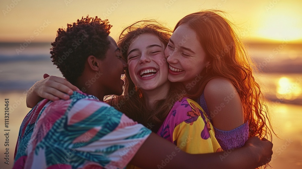 Fototapeta premium Warm hug between young friends in a golden hour park, highlighting joy and friendship.