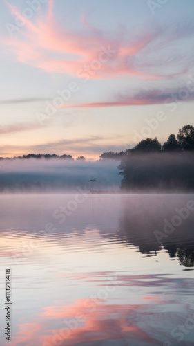 Wallpaper Mural Scenic lake at dawn with soft pastel colors. Landscape photography with a foggy lake scene at sunset. Torontodigital.ca