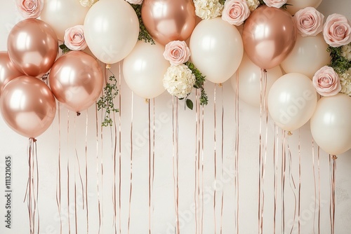 Elegant Rose Gold and White Balloons with Floral Decor for Celebrations and Events