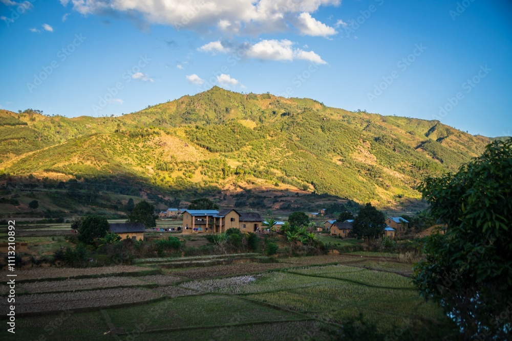 Naklejka premium Panoramic View of Farmland and Hills in Madagascar