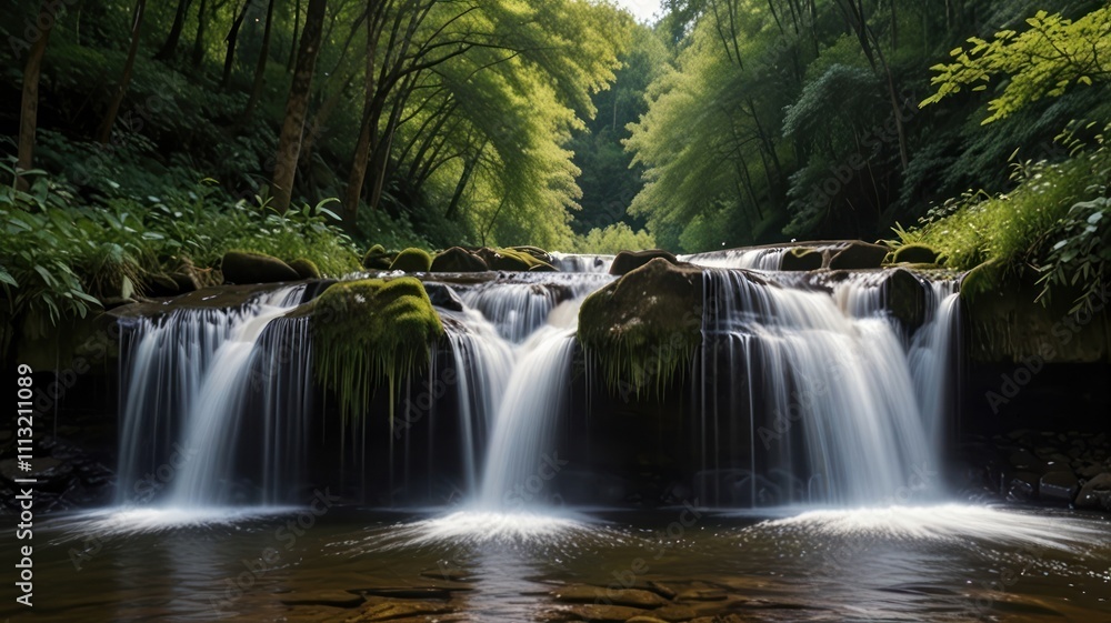 Obraz premium Tranquil cascading waterfall in a lush forest.