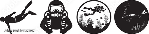 Silhouette of a scuba diving swimming underwater, deep sea diving vector silhouette