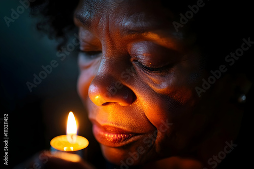 A woman enjoys a serene moment with a candle, lost in thought and tranquility in the dim light photo