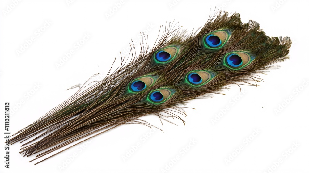Fototapeta premium Peacock feathers showing iridescent ocelli isolated on white background