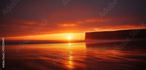 Sunrise on a beach with a cliff in the distance, viewed from the watera??s edge, creating a warm and inviting atmosphere. photo