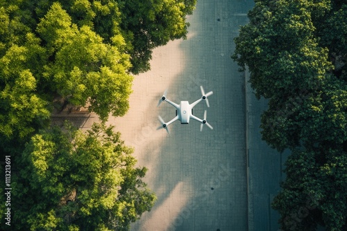 Aerial view of drone flying above a tree-lined street. photo