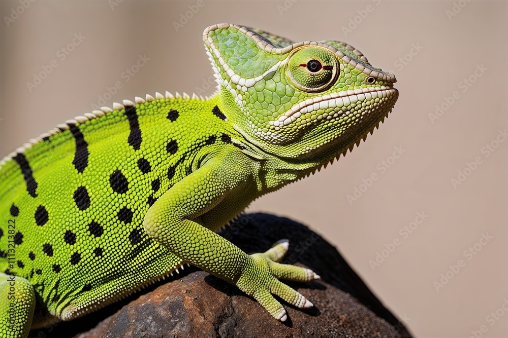 Fototapeta premium Detailed Closeup of Vibrant Green Chameleon Highlighting Distinctive Reptile Characteristics