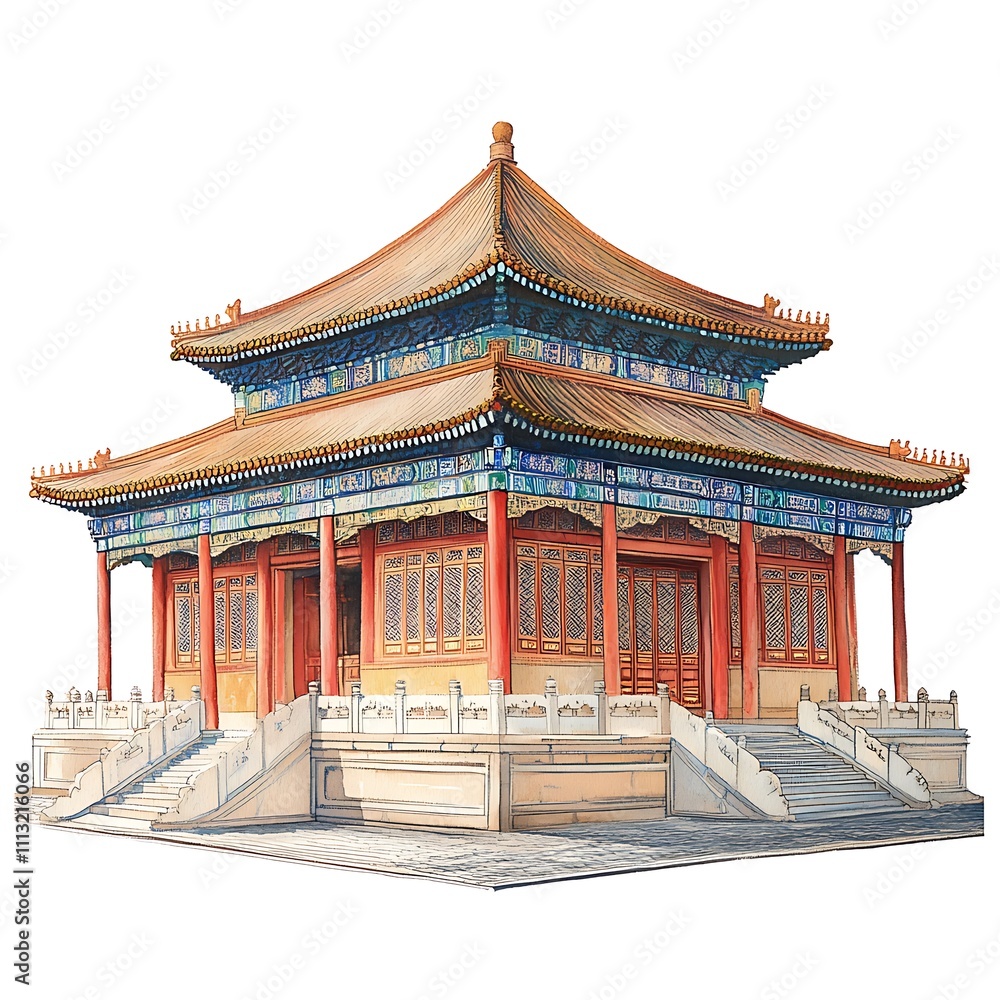 Fototapeta premium A Detailed Watercolor Illustration of a Traditional Chinese Pavilion with Elaborate Architecture and Decorated Roof.