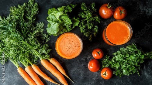 Freshly squeezed carrot juice with ingredients. photo