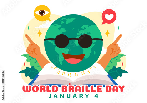 World Braille Day Vector Illustration Celebrating January 4th, Featuring Braille Alphabet as a Means of Communication in a Flat Cartoon Background