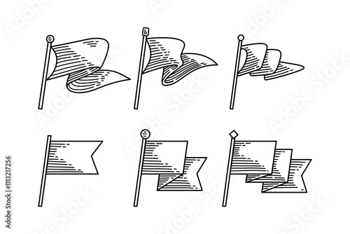 flag with pole engraved style icon vector illustration collection. set of flag and pole line art element designs.  doodle of flag with pole decorative element design. hand drawn flags symbol for decor
