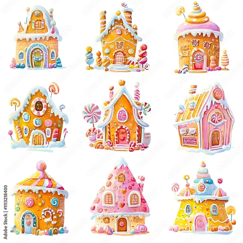Obraz premium Nine whimsical watercolor illustrations of gingerbread houses adorned with candies and snow, perfect for festive designs.