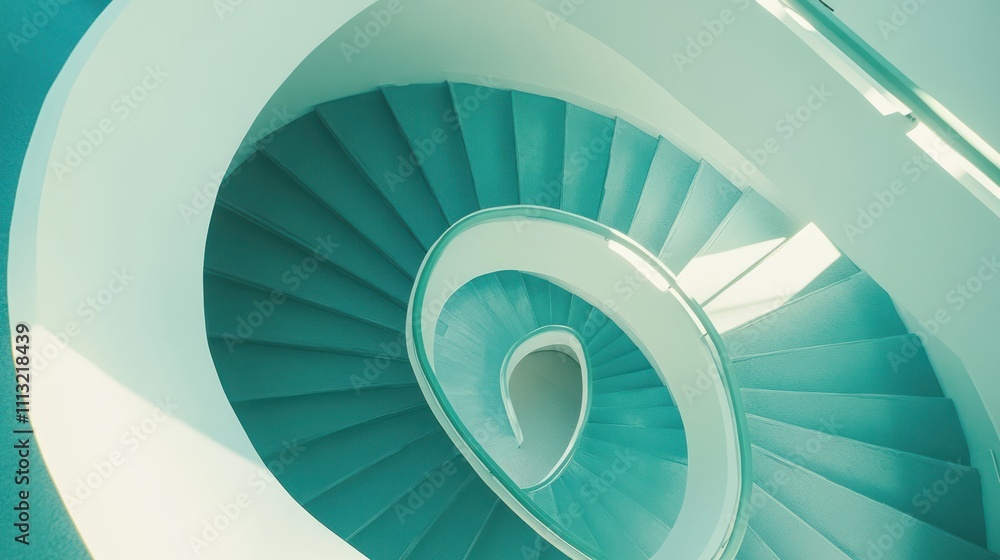 Fototapeta premium High-angle view of a spiral staircase with teal steps and white railings, bathed in soft light.