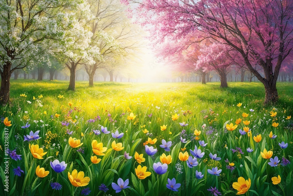 Obraz premium Stunning Visualization of a Vibrant Spring Meadow Filled with Flowers and Natural Light