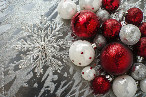 Red and white ornaments scattered on a table, creating a festive display.