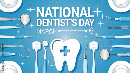 Vibrant Tooth Icon with Cross and Dental Tools Illustration for National Dentist's Day on Bright Blue Background