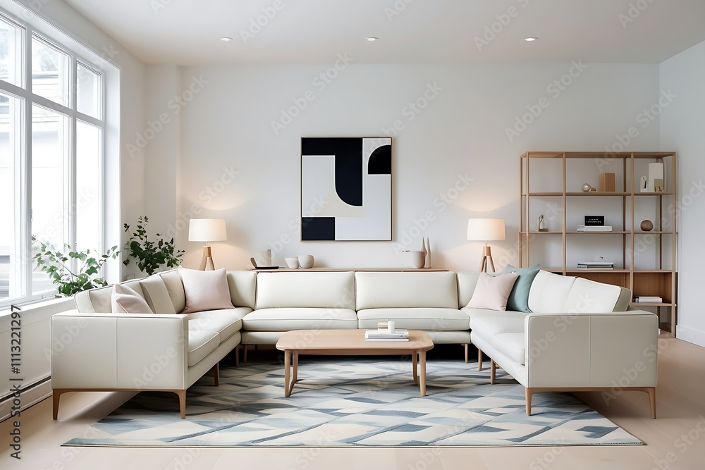 Fototapeta premium Modern living room with L-shaped sofa, coffee table, rug, and shelving unit.