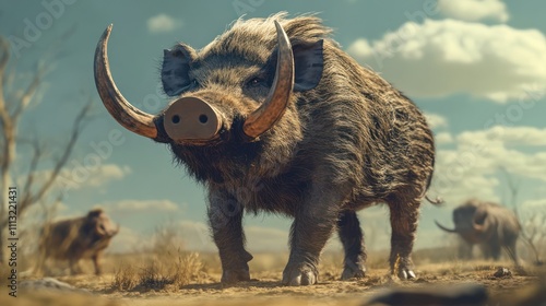 Large prehistoric boar with massive tusks in a dry, savanna-like environment.