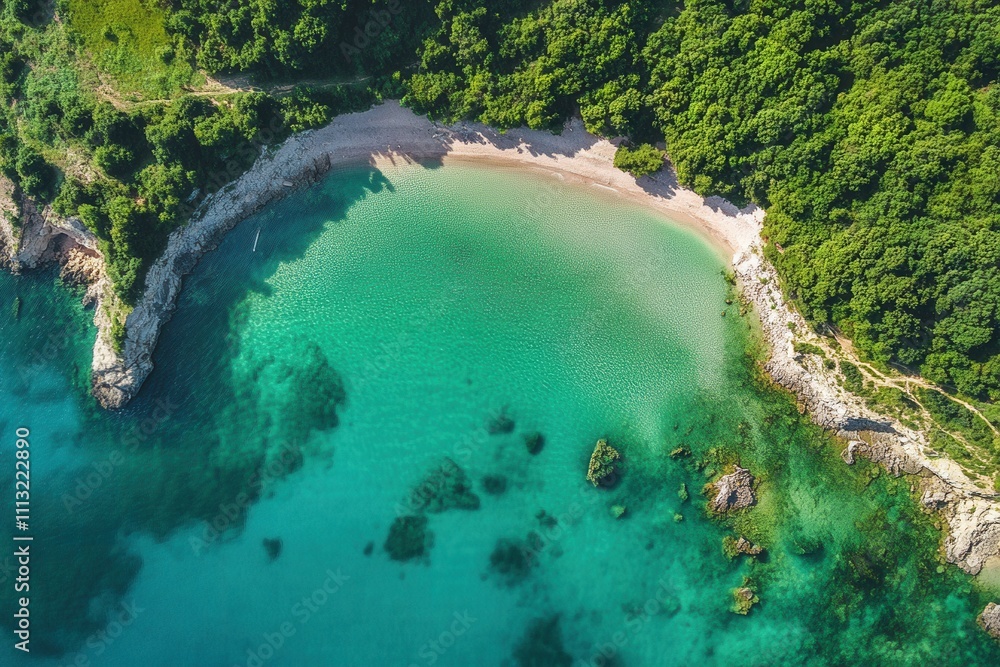Obraz premium Aerial view of secluded cove with turquoise water, sandy beach, and lush green foliage.