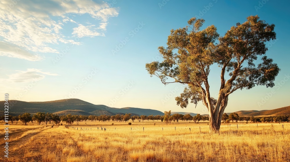 Obraz premium A serene landscape featuring a lone tree amidst a golden field and distant mountains.
