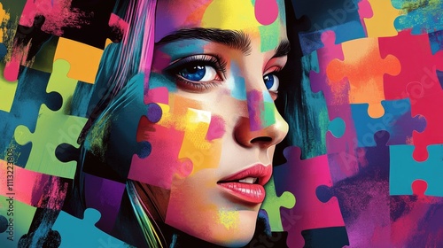 A visually striking AI illustration featuring a female face, surrounded by puzzle-like pieces of vivid colors, showcasing a fashionable, artistic fusion.