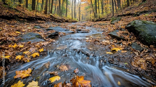 A wide-angle shot of Groton National Forest in Vermont during the autumn season, with rich fall colors and a peaceful natural environment. photo