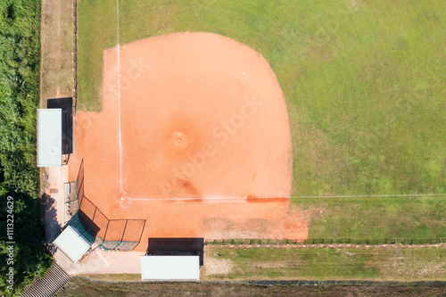 Aerial View of Baseball Field with Green Outfield and Dugouts photo