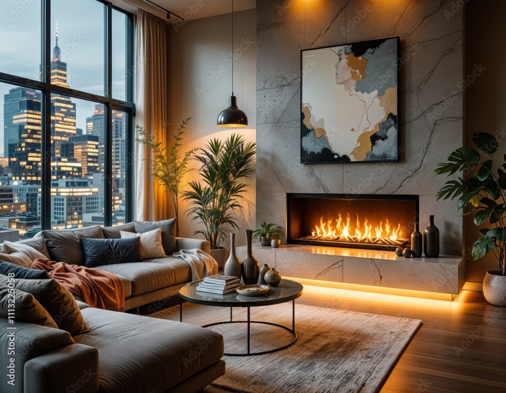 Fototapeta premium Modern Luxurious Living Room with Contemporary Fireplace, Cityscape View, Stylish Decor, Elegant Furniture, Cozy Ambiance, and Indoor Greenery Highlighting Sophisticated Urban Design