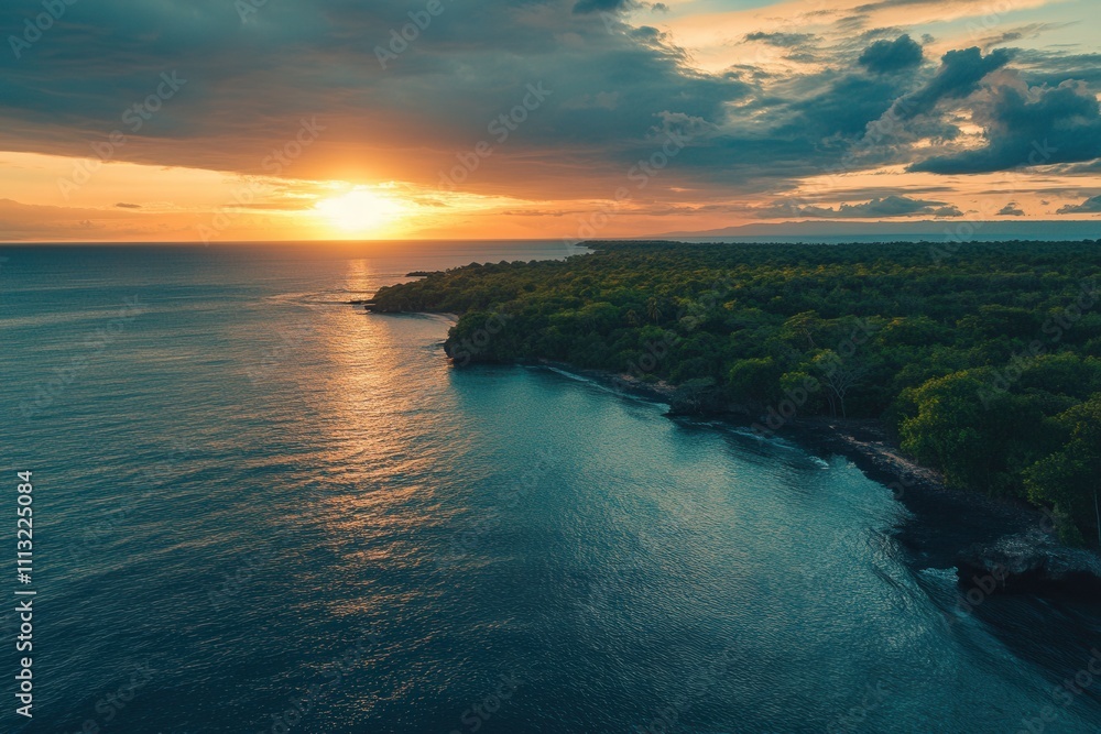 Fototapeta premium Aerial view of sunset over tropical coastline.