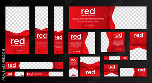 Waving Red Web Banner template design set. horizontal, vertical, square ad banners layout. vector
