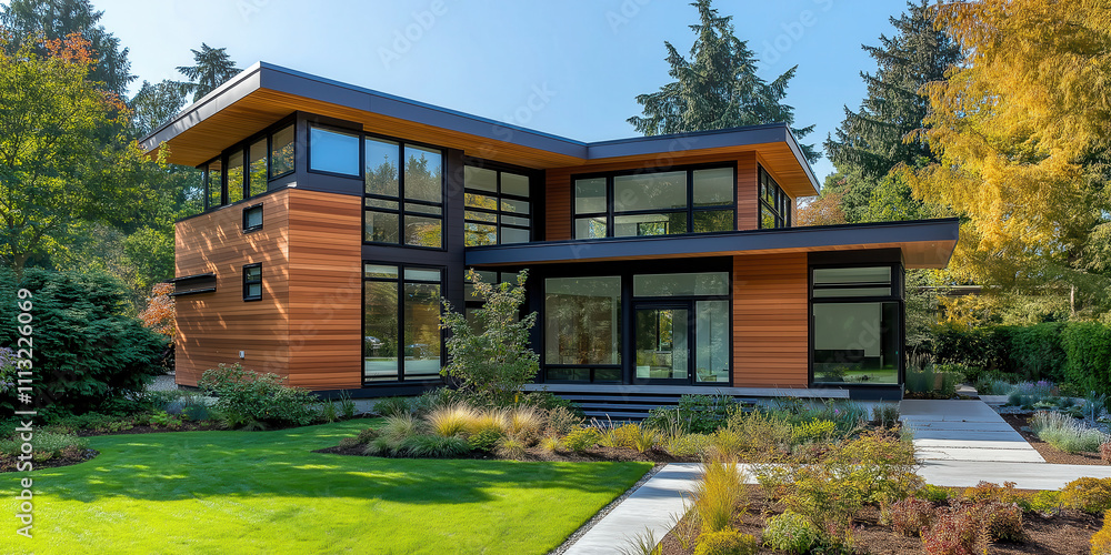 Fototapeta premium Modern architectural design wooden house with glass facade in lush green garden landscape