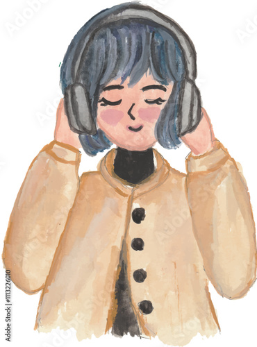 A girl hearing a song in head phone hand drawn watercolour illustration