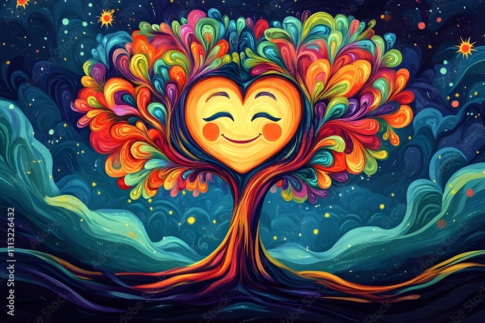 Fototapeta premium Colorful heart shape smiley face abstract art symbolizing mental freedom. psychological art.