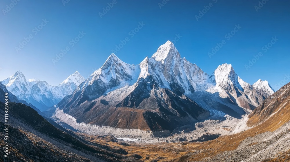 Obraz premium A panoramic view of a rugged mountain range with snow-capped peaks under a clear blue sky, Mountain landscape scene, Majestic natural style