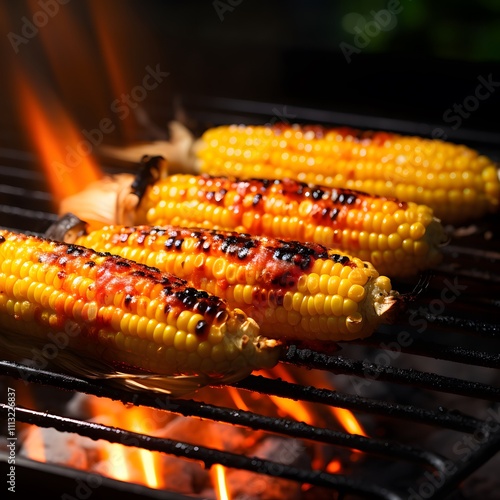 Grilled corn on the cob roasts over fiery coals. Perfect for summer cookouts, BBQ menus, farmtotable concepts, and food advertisements photo