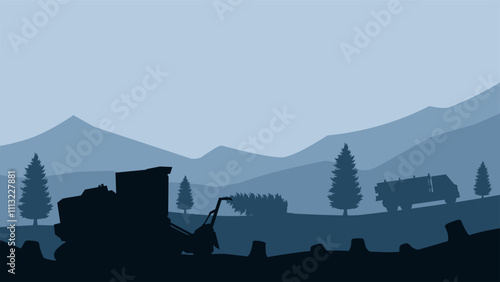 Landscape illustration of illegal logging and deforestation