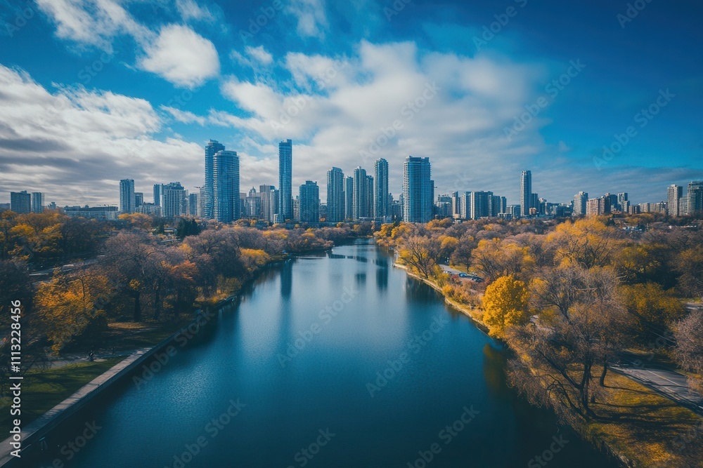 Fototapeta premium City skyline reflected in calm autumnal river.