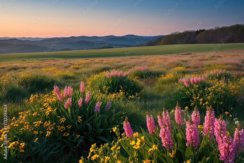 Obraz premium Stunning Wildflower Meadow at Dawn in a Spring Landscape