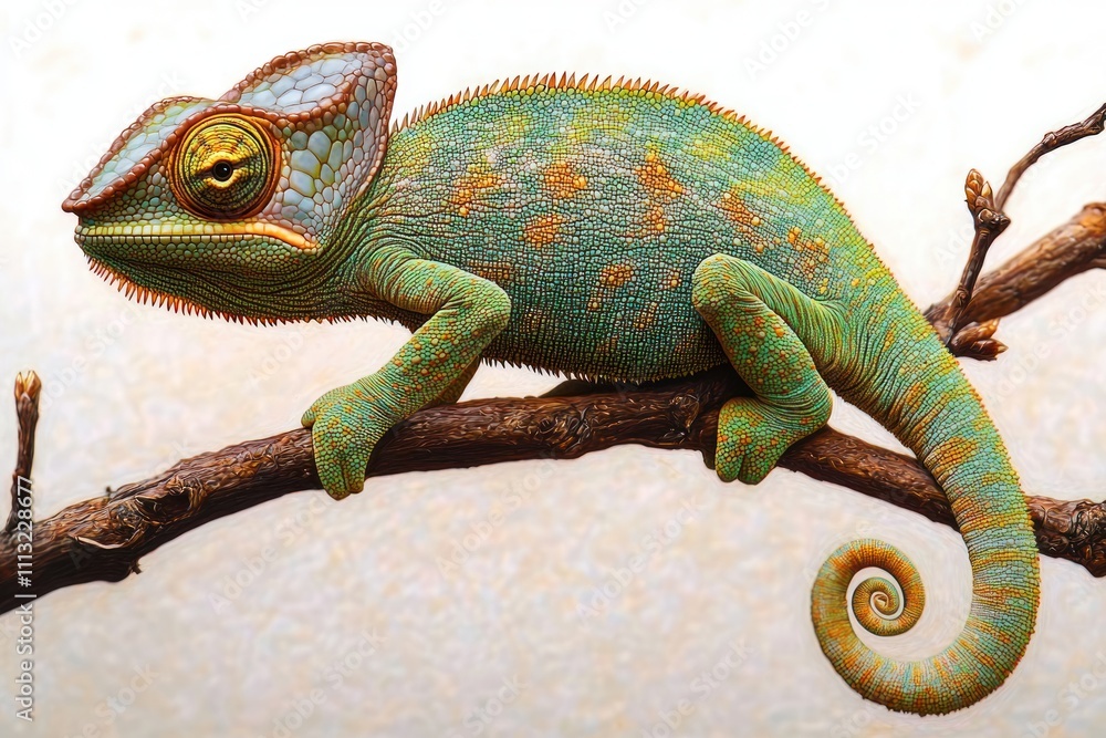 Obraz premium realistic chameleon perched on branch close-up portrait exotic animal