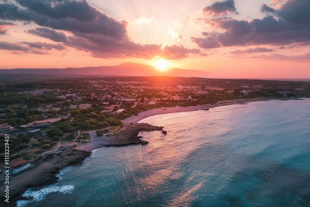 Fototapeta premium Coastal sunset over town, aerial view.