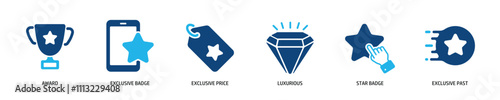 Set of glyph solid icons related exclusive benefit, achievement, gift. Perfect pixel on transparent background