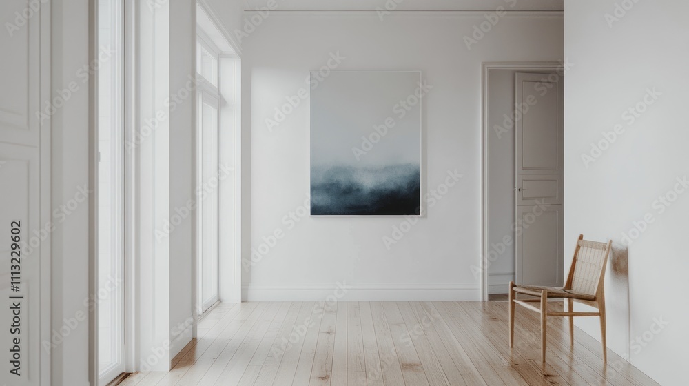 Fototapeta premium Minimal Hallway with White Walls Wooden Floors and Abstract Painting