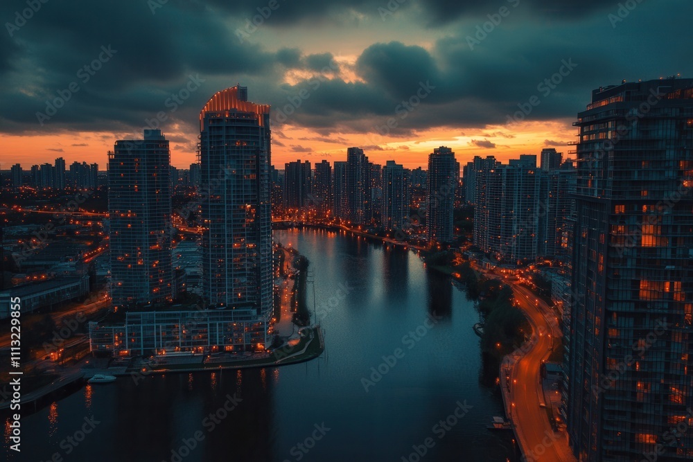 Obraz premium Dramatic sunset cityscape with river and illuminated skyscrapers.