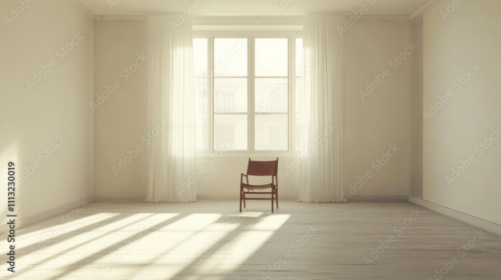 Obraz premium Empty Minimalist Living Room with White Chairs and Walls, Natural Light Properties
