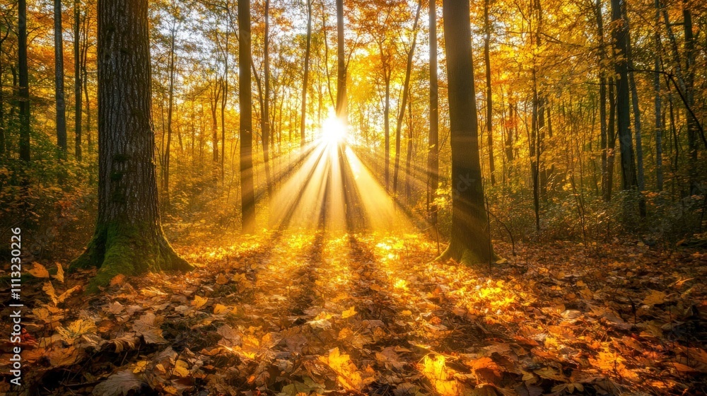 Obraz premium Golden sun rays illuminate autumn forest floor.