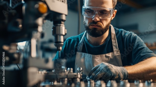 A precision machinist in a protective apron and goggles, operating a CNC machine with metal parts and precision tools, Precision machining scene