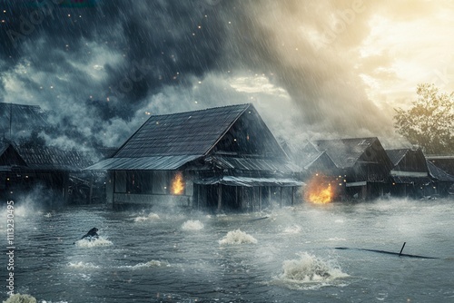 Flooded village houses burning during a severe storm. photo