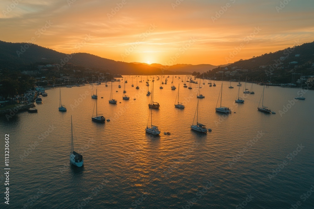 Fototapeta premium Golden sunset over calm bay with numerous sailboats.