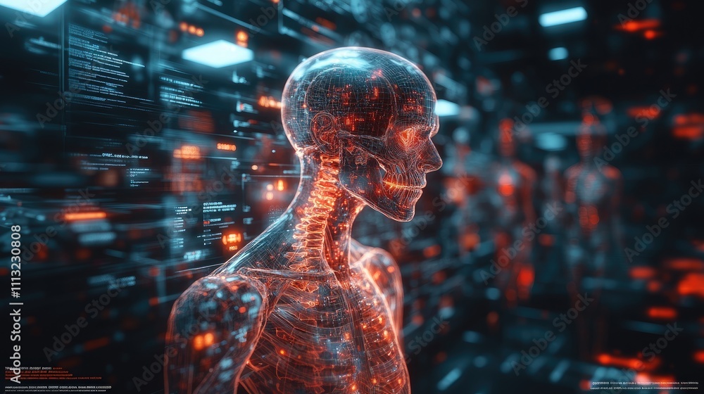 Fototapeta premium A digital representation of a human skeleton with glowing effects in a futuristic environment.
